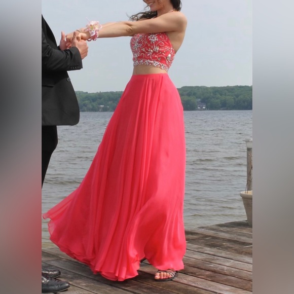 Blush Prom | Hot Pink/Coral Two Piece Prom Dress - Picture 2 of 7